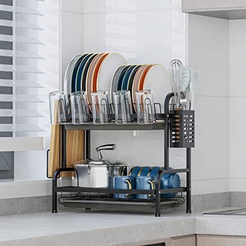 Rack de secagem de pratos ISPECLE, rack de 2 camadas com suporte de utensílio de porta -copos e suporte de tábua de corte, escorrinte de prato com grande capacidade de drenagem para uma pequena bancada de cozinha, preto