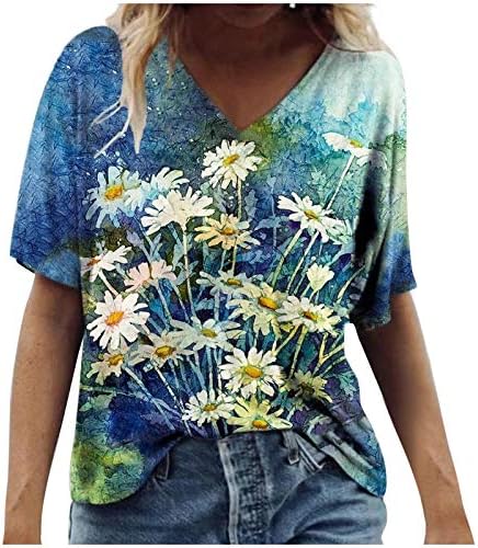 NYYBW Summer Womens Manga curta Tampas de tamanho grande V Camisetas casuais de pescoço T TUNIC FLORAL TUNIC BASIC TOPS HENLEY TOPS