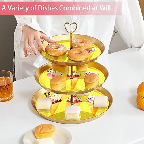 3 Placa de fruta de cupcakes de 3 camadas de sobremesa Plástico para servir suporte de exibição para casamento de aniversário Decorações de chá de chá de chá de bebê redondo, sorvete de verão com padrão de pontos amarelos
