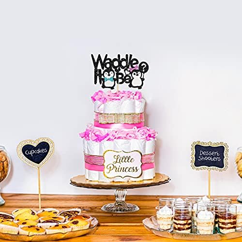 Waddle está? Topper de bolo de revelação de gênero, decoração de bolo de chá de bebê fofa com pinguim, letre pequeno