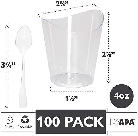 100 mini xícaras de sobremesa de plástico com colheres - 4 oz de atiradores de sobremesas redondos para sobremesas de chocolate, aperitivos, amostradores, copos de sobremesa e mais