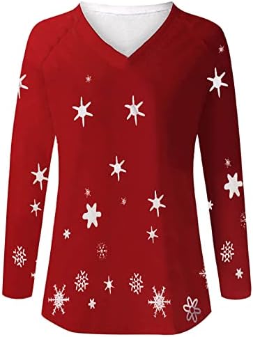 Pullover de manga longa feminina Sexy V Neck Camisetas de Natal Flocos de neve impressa túnos de túnica casual para leggings Fall