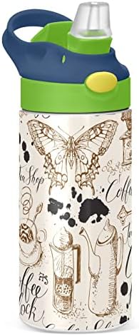 Tea Coffee Butterfly Isolled Stainless Steel Water Bottle for Kids Cosca de Aço com palha e manuseio de copos para
