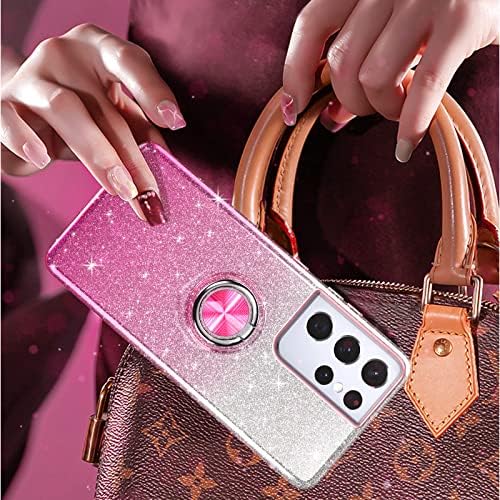 PEETEP GALAXY S21 CASA ULTRA, CASA ESPELHA DE GLITTER SLIM COM 360 ° POLADO ANELHO DE ANEL MONTAGEM MONTAGEM DE MONTAGEM DE CHOGE-ABSORBENTE Tampa Durável Protetora para Galaxy S21 Ultra 6.8 Para Meninas Mulheres, Pink