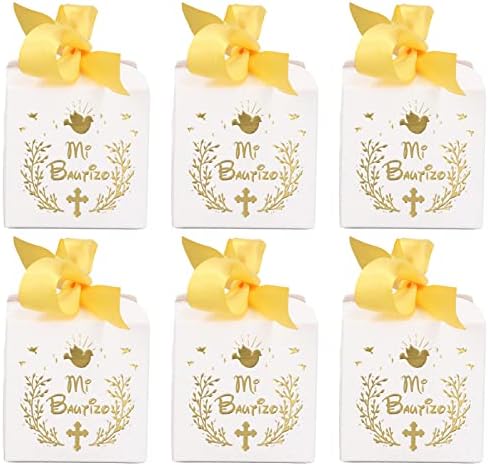 Yosoo 50pcs Party Favor Caixas, material de papel Mi Bautizo Padrão equipado Ribbon Gold White Wedding Boxes para festa de casamento,