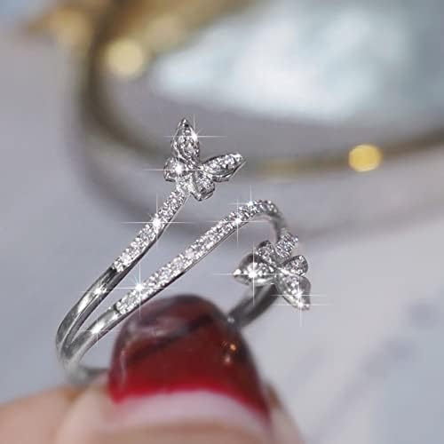Anel de borboleta dupla prata zircão de diamante noivado de casamento jóias de presente para mulheres forma de borboleta