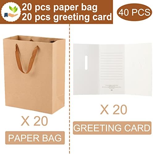 20pcs Kraft Sacos de papel+20pcs cartões de felicitações, pequenos sacos de presente com alças a granel, bolsa de papel