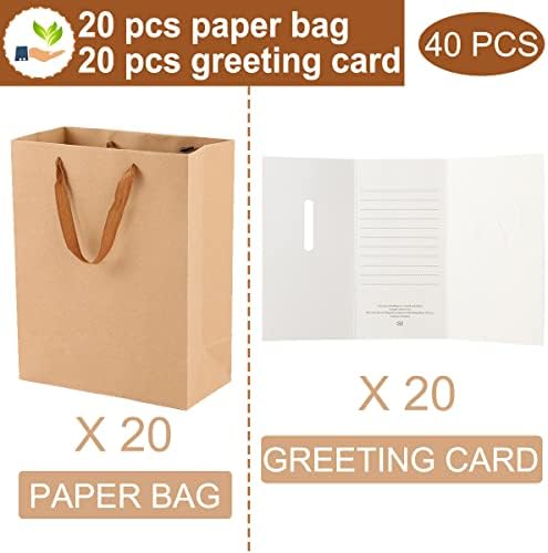 20pcs Kraft Sacos de papel+20pcs cartões de felicitações, pequenos sacos de presente com alças a granel, bolsa de papel duro, sacolas de festas de casamento de compras, sacolas marrons