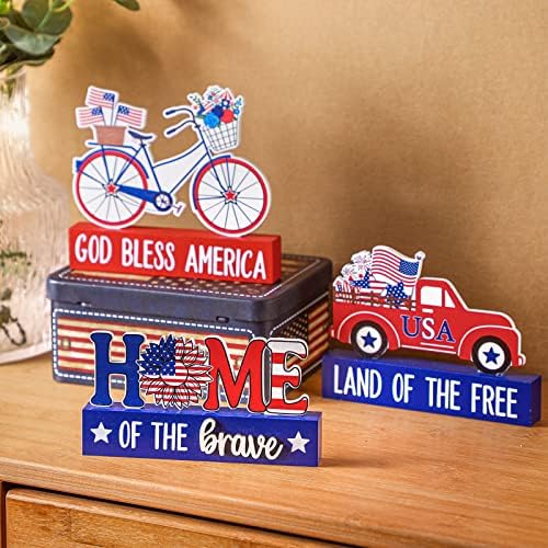 3 PCs 4 de julho Decorações decoração patriótica de madeira American Blag Bike Red Truck Decor dos EUA Bandeira Caixa de