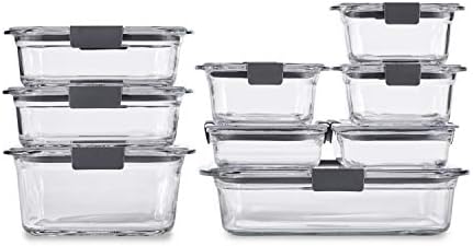 Rubbermaid Brilliance Glass Storage de 9 recipientes de alimentos com tampas, conjunto, variado, claro