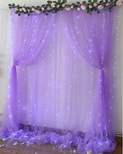 Cortinas de lavanda pura para o pano de fundo com luzes LED para chá de bebê meninas de 10 pés x 8 pés de tule de tule cortina para casamentos elefante festas de aniversário decorações de fundo