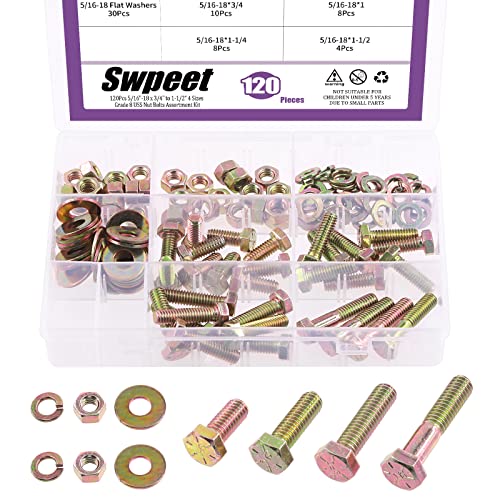 SWPEET 120pcs 5/16 -18 x 3/4 a 1-1/2 5 tamanhos Kit de variedade de parafusos de porca de USS Grade 8, porca de parafuso pesado