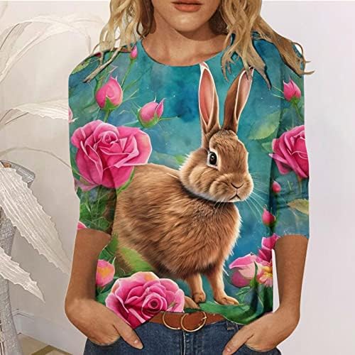 Camisas de Páscoa para mulheres verão 3/4 de manga T Tops casuais moda moda com túnica de impressão floral solta