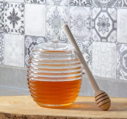 Touchstone Glass Honey Jar com caldo de madeira e tampa perfeita para qualquer cozinha, frascos de mel de vidro com
