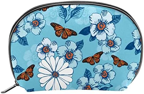 Saco de maquiagem pequeno, organizador cosmético da bolsa com zíper para mulheres e meninas, White Flower Floral Butterfly Bluefly