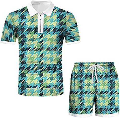 Masculino 2 peças Roupa de primavera verão Manga curta Zip Lapela Houndstooth Print Polo Tracksuit Set Sports Suactsuits