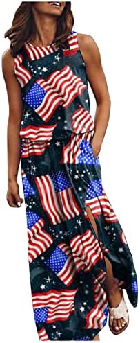 4 de julho vestido para mulheres estrelas patrióticas casuais estampas listradas longa vestido maxi vestido de fenda
