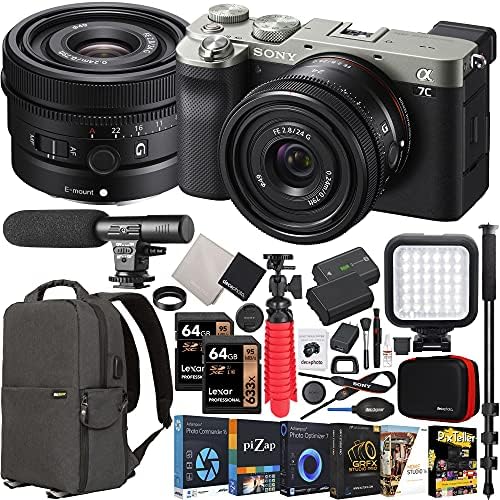 Sony A7C Mirrorless Full Frame Camera Body com Sony Fe 24mm F2.8 g Lente compacta SEL24F28G Pacote ILCE7C/S de prata com