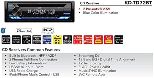 JVC Single Din Bluetooth USB AUX AM/FM CD Combo Pacote estéreo CD Combo com kit de instalação estéreo, controles de barra de alça universal, antena de arame de 22 , Weathershield