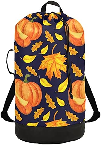 Fall Pumpkins Folhas de roupas para lavanderia pesada mochila com alças de ombro Handles Viagem Lavanderia Bolsa de tração Fechamento