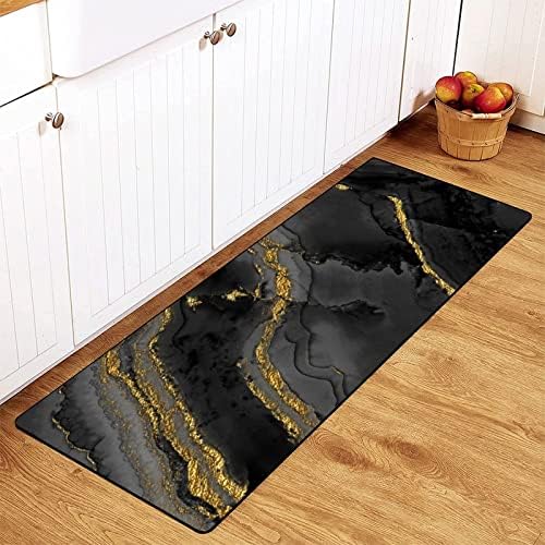Tapetes de cozinha tsytma mármore não deslizamento de tapetes de cozinha macia preto tapete de banheiro de ouro preto tapete de corredor de capacho para decoração de casa, 39 x 20