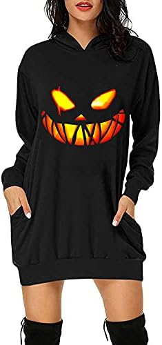 Vestido de camisolas de abóbora de halloween para mulheres lounge com capuz de manga longa vestido solto de tamanho
