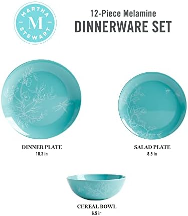 Martha Stewart Dragonfly 12 peças decoradas de melamina conjunto de utensílios - azul -petróleo