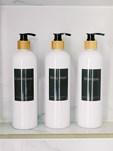 Garrafas de shampoo branco e dispensador de condicionador com bomba de bambu, chuveiro da organização do banheiro, acessórios