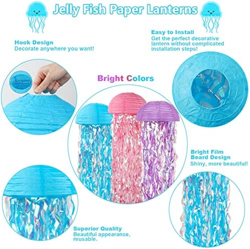 Lanternas de papel de água -viva, lanternas de papel de peixe de geléia penduradas, lanterna pendurada em azul roxo rosa