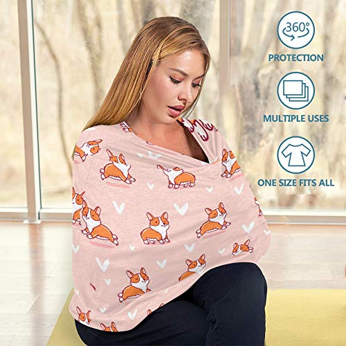 Yyzzh fofo corgi cachorro coração padrão desenho animado impressão em rosa capa de assento de carro de bebê rosa Tampas de enfermagem do dossel infantil Cappa de amamentação Foldável lenço de inverno à prova de vento para meninos meninas