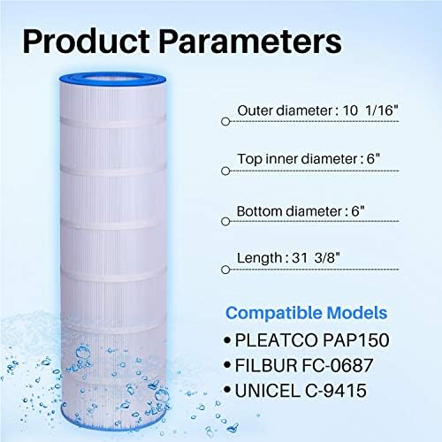 Substituição do filtro da piscina TOREAD para Pentair CC150, CCRP150, PAP150, PAP150-4, Unicel C-9415, R173216, 59054300, Filbur FC-0687, 160317, 160355: 160352, 150 Sq. 8 x10 1/16