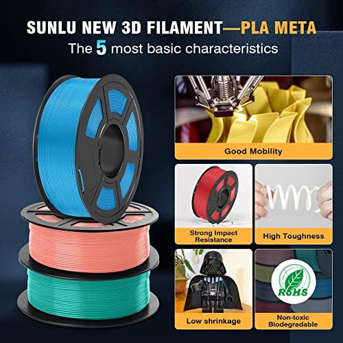 【PLA-META & PLA PLUS】 SUNLU 3D FILamento PLA-META 1,75 mm, precisão dimensional +/- 0,02 mm, 250g*8 rolos, preto+branco+cinza+azul+verde+vermelho+amarelo+rosa