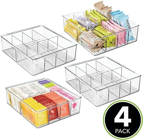 MDESIGN PLÁSTICO Organizador de armazenamento extra largo Caixa de lixeira para cozinha, despensa, armário, bancada - saquinho de chá, pacote de açúcar, lanche de café, suporte de condimentos, 8 seções - Coleção Ligne - 4 pacote - Limpo