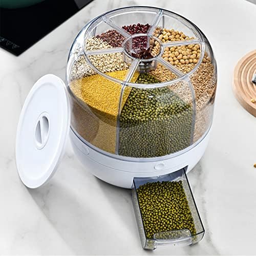 Dispensador de cereais dispensador de arroz de 6 grades com copos de medição, dispensador de alimentos secos em 360 ° para organização de cozinha, recipientes de armazenamento de alimentos empilháveis, saída de arroz com um clique