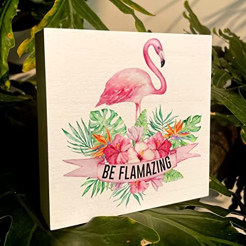 Floral rosa Flamingo Caixa de madeira SIGN Rustic Farmhouse Style Summer BE FLAMAZING FLAMINGO PLACA DE BLOCO DE MADEIRA