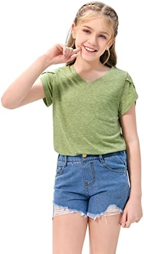 GoForparis Girls V Neck T-shirts Petal Manga curta Fit Summer Summer Solid Basic Tunic Tops com bolso de 5 a 14 anos
