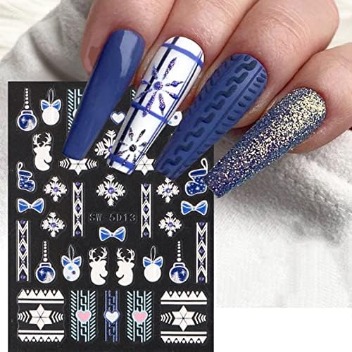 Decalques de adesivos de arte de nail de Natal 5D Luzes de Natal coloridas em relevo Lace Snowflake With Rhinestones Design unha