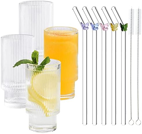 Guojozo xícaras de vidro com nervuras com palhas de vidro de borboleta, copo com nervuras, copos de vidro luxuosos para beber