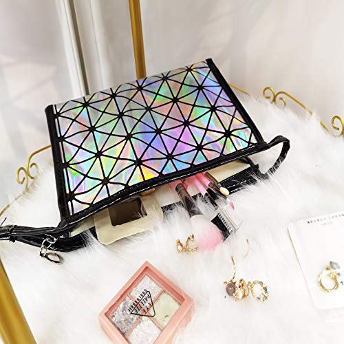 Bolsa cosmética - bolsa de maquiagem embreagem geométrica bolsa de beleza luminosa viagens cosméticas, holográficas