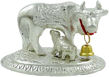 Siddhratan Brass Kamadhenu Cow estátua indiana Tabela de estátua de prata Tom de metal Arte Decorativa Presente Decorativo