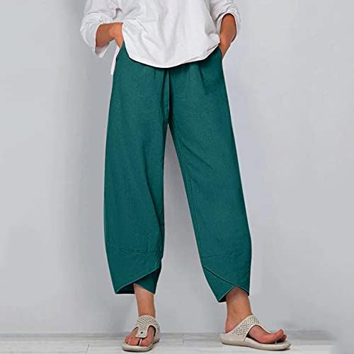 Calça de verão para mulheres femininas casuais soltas cintura linho de linho de algodão calças de perna larga de largura