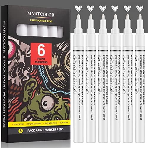 Pens de tinta branca martcolor - 6 compacta marcador de tinta acrílica para pintura de pedra, pedra, madeira, telas, vidro, metal,