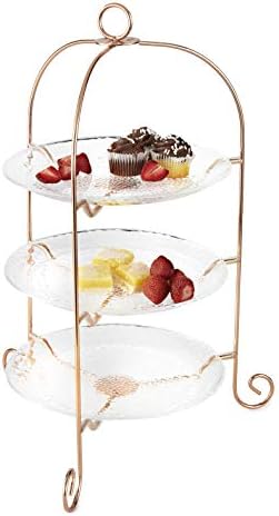 Huang acrílico de 3 camadas de 10 ”Bolo de bolo de placa Cupcake Pastral Biscoito Platter com suporte de metal de ouro rosa, bandejas de servir em camadas para festa de chá, decoração de casa, exibição de casamento 14 x 14 x 20 polegadas