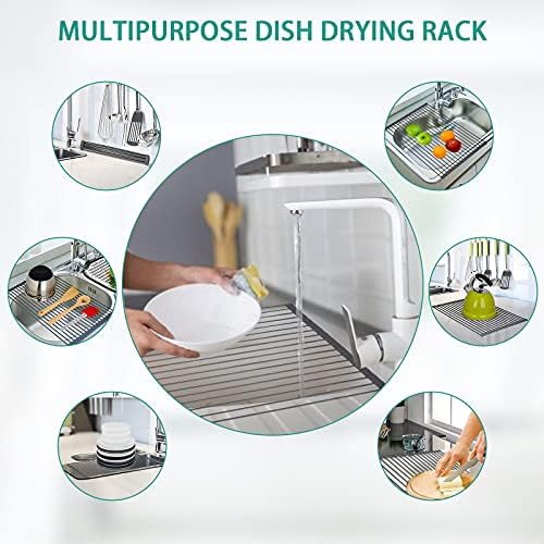 Rolante rack de secagem de prato, 20,4 '' x 14,1 '' sobre a pia de rolagem multiuso rack rack cozinha portátil pia de secagem rack,