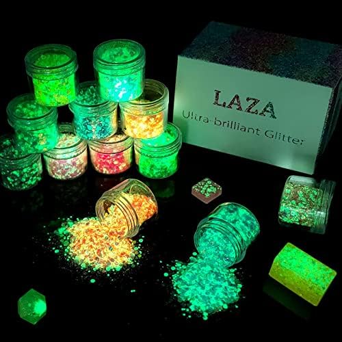 LAza 12 cores brilham no escuro Glitter Luminous robacho unhas Glitter misturado Ultra Fine Poor pó iridescente Hexagon UV Black