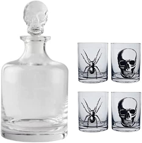 Whisky Decanter Glass de Skull 32 onça e quatro óculos de uísque à moda antiga pesados