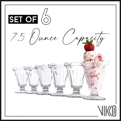 Vikko 7,5 onças de sorvete com pés, xícaras de vidro clássicas de estilo sundae, grossas e duráveis, para sundaes, milk-shakes, iCes, sobremesas, conjunto de 6 óculos de sobremesas 3,8 ”x 5”