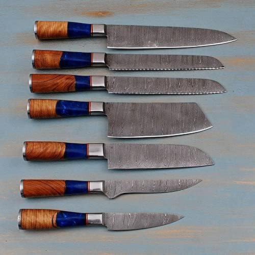 Conjunto de faca de aço de Damasco - facas de chef artesanais de 7 peças para corte de precisão