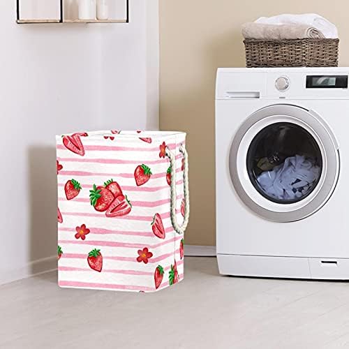 Deyya Pink Strawberry Laundry Basket com alças dobráveis ​​cesto de lavanderia embutida com suportes destacáveis ​​Organização