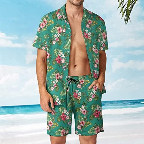 Roupas de trilhas de 2 peças para homens de manga curta impressa camisa havaiana e conjuntos curtos Floral Havaí